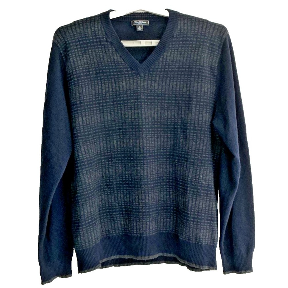Saks Fifth Avenue Mens XL Cashmere V-Neck Pullover Sweater Navy Gray Plaid Front